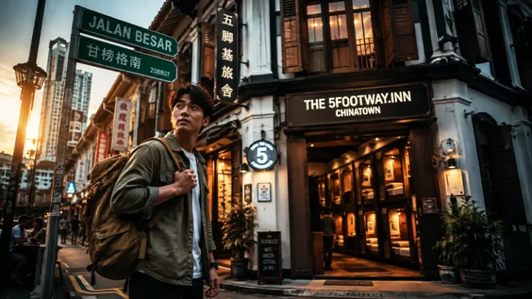 Backpacker berdiri di depan salah satu hostel murah di Singapore kawasan Chinatown saat senja