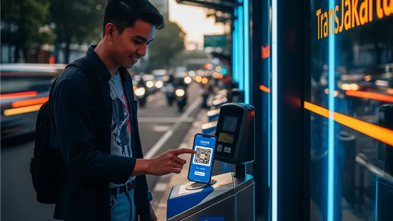 Penumpang TransJakarta sedang scan QR code untuk bayar busway pakai dana di halte dengan suasana urban modern Jakarta.