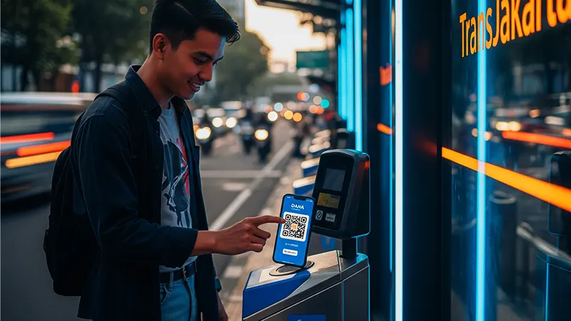 Penumpang TransJakarta sedang scan QR code untuk bayar busway pakai dana di halte dengan suasana urban modern Jakarta.