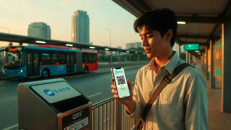Penumpang sedang memindai QRIS di halte TransJakarta menggunakan aplikasi DANA