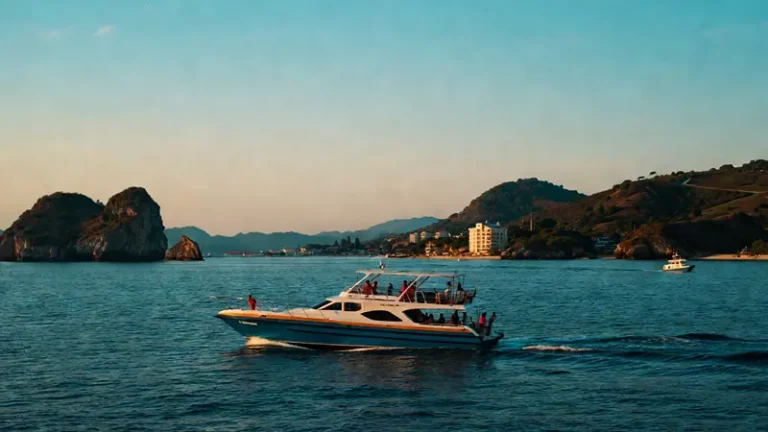 how to get to gili islands from bali by boat crossing turquoise sea under golden sunset light