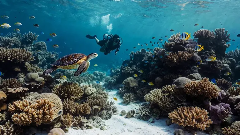 A diver exploring vibrant reefs and sea turtles in clear blue water during scuba diving in gili trawangan.
