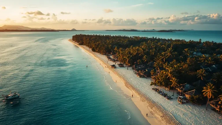A scenic view of beachfront stays and calm shores showing where to stay in Gili Trawangan.