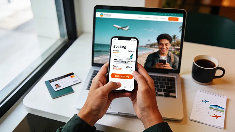 Ilustrasi cara pemesanan tiket pesawat lewat smartphone dengan aplikasi booking