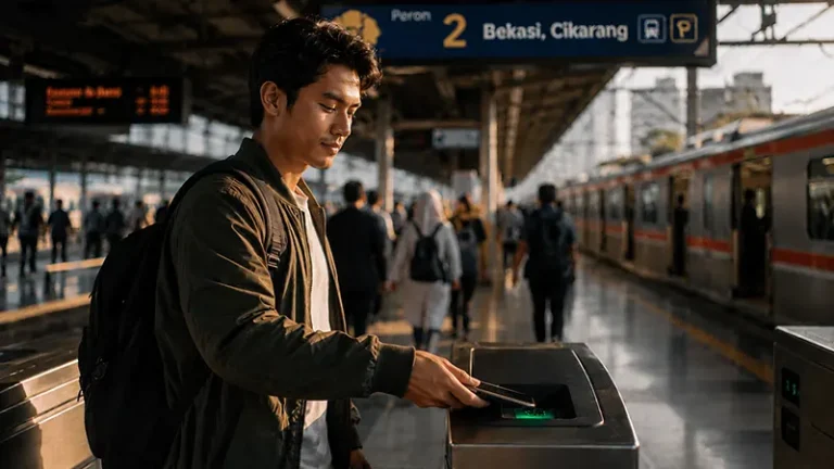Ilustrasi cara beli tiket KRL di Gojek untuk di tap pada mesin pemindai di gate.