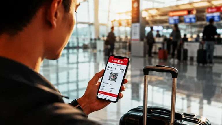 Traveler memegang smartphone untuk melakukan check in online Lion Air lewat HP di area keberangkatan bandara