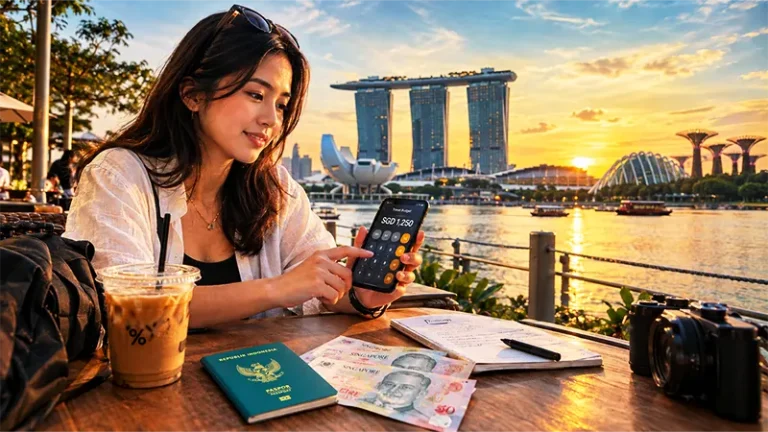 Traveler menghitung total biaya liburan ke Singapura di kafe kawasan Marina Bay Sands.