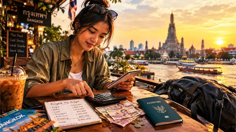 Traveler menghitung estimasi biaya liburan ke Thailand di kafe pinggir jalan kota Bangkok