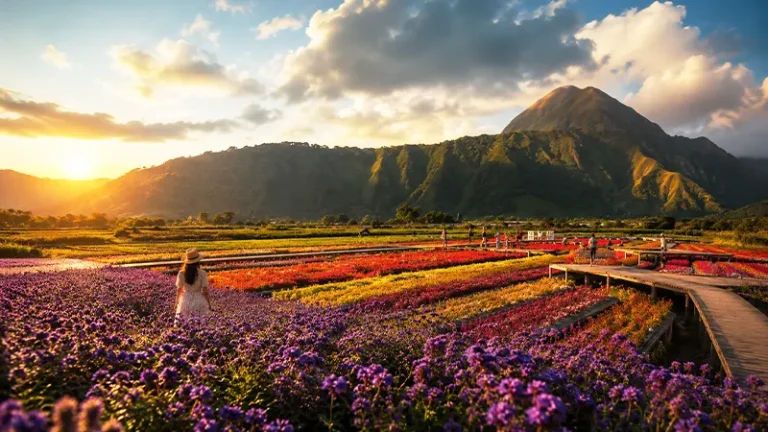 Taman bunga Sembalun dengan hamparan bunga warna-warni dan latar pegunungan Lombok